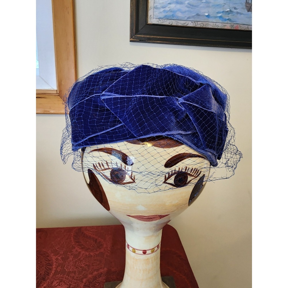 Vintage Pillbox Casque Hat Blue Woven Velvet Netting USA Union Cocktail Helmet